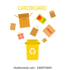 Cardboard waste yellow bin. Waste sorting and recycling concept. Color vector ilustration.