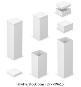 Cardboard white boxes with lids. Vector illustration template