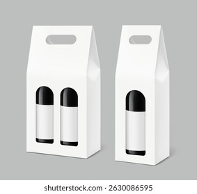Cardboard wine carrier with bottles mockup. Vector illustration isolated on grey background. Easy to use for presentation your product, idea, promo, design. EPS10.