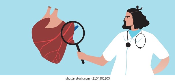 Cardeologist with magnifying glass and diagnosis of heart disease. Flat vector stock illustration. Doctor in white coat during treatment of myocardial infarction