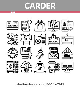 Carder Hacker Collection Elements Icons Set Vector Thin Line. Carder Silhouette And Smartphone, Bug And Fraud Virus, Laptop And Card Concept Linear Pictograms. Monochrome Contour Illustrations