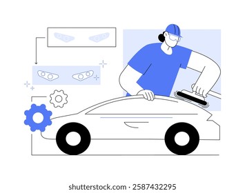 Car-detailing specialist isolated cartoon vector illustrations. Professional repairman holding orbital polisher in hands and repairing auto, car-detailing service, small business vector cartoon.