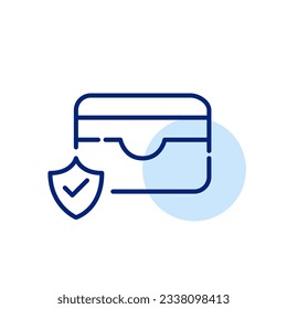 Cardholder with shield protection symbol. Secure financial transactions. Payment with credit cards. Pixel perfect icon