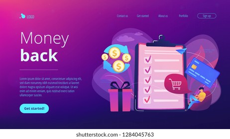 Cardholder with smartphone shopping online and getting cach rewards and checklist. Cash back service, cash back rewards, money back concept. Website vibrant violet landing web page template.