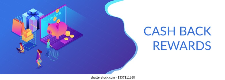 Cardholders shopping, paying and getting cash rewards and laptop with piggy bank. Cash back service, cash back rewards, money back concept. Isometric 3D banner header template copy space.