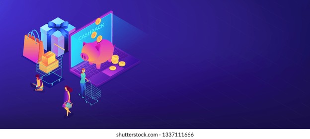 Cardholders shopping, paying and getting cash rewards and laptop with piggy bank. Cash back service, cash back rewards, money back concept. Isometric 3D banner header template copy space.