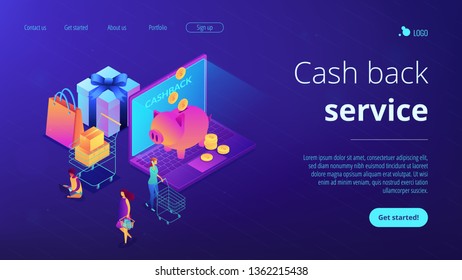 Cardholders shopping, paying and getting cash rewards and laptop with piggy bank. Cash back service, cash back rewards, money back concept. Isometric 3D website app landing web page template