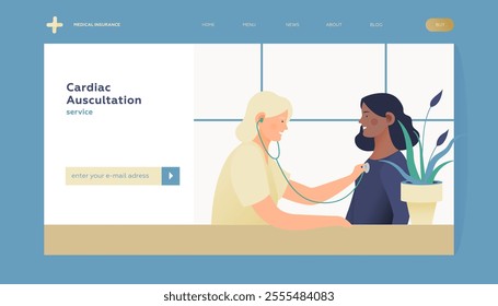 Cardiac Auscultation. Female Patient and Female Doctor Carrying Out Procedure in Medical Office or Laboratory. Modern Flat Vector Illustration. Landing Page Design Template. Website Banner.