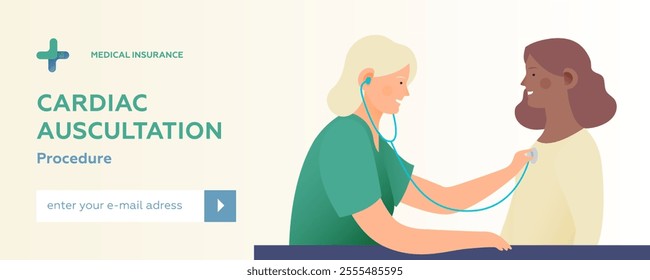 Cardiac Auscultation. Female Patient and Female Doctor Carrying Out Procedure in Medical Office or Laboratory. Modern Flat Vector Illustration. Website Banner. Social Media Template.