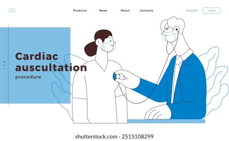 Cardiac Auscultation. Female Patient and Male Doctor Carrying Out Procedure in Medical Office or Laboratory. Stethoscope Examination Procedure. Black and White Vector Illustration. Website Banner.