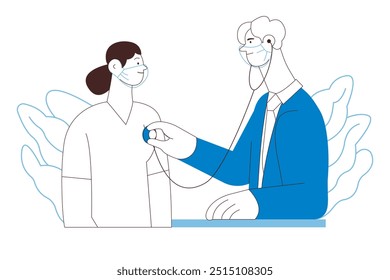 Cardiac Auscultation. Female Patient and Male Doctor Carrying Out Procedure in Medical Office or Laboratory. Stethoscope Examination Procedure. Black and White Vector Illustration. Website Banner.