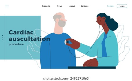 Cardiac Auscultation. Male Patient and Female Doctor Carrying Out Procedure in Medical Office or Laboratory. Stethoscope Examination Procedure. Modern Flat Vector Concept Illustration.  Landing Page D