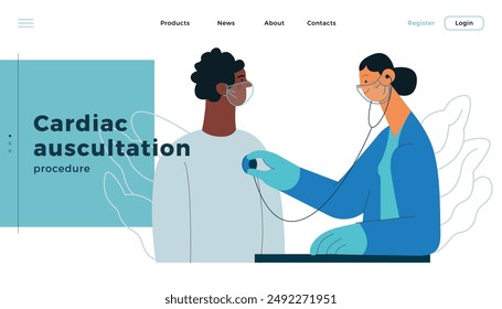 Cardiac Auscultation. Male Patient and Female Doctor Carrying Out Procedure in Medical Office or Laboratory. Stethoscope Examination Procedure. Modern Flat Vector Concept Illustration. Landing Page De