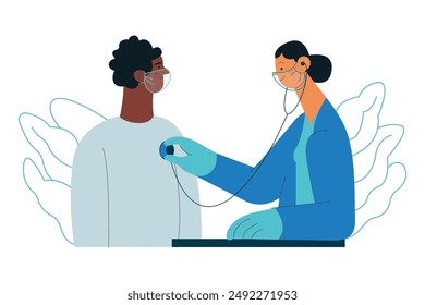 Cardiac Auscultation. Male Patient and Female Doctor Carrying Out Procedure in Medical Office or Laboratory. Stethoscope Examination Procedure. Modern Flat Vector Concept Illustration. Landing Page De