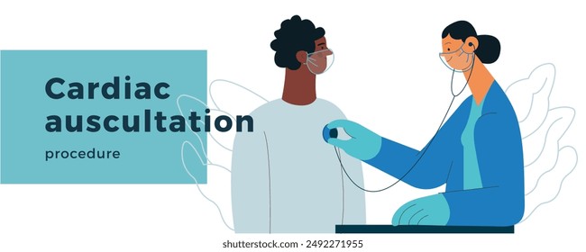 Cardiac Auscultation. Male Patient and Female Doctor Carrying Out Procedure in Medical Office or Laboratory. Stethoscope Examination Procedure. Modern Flat Vector Concept Illustration. Landing Page De