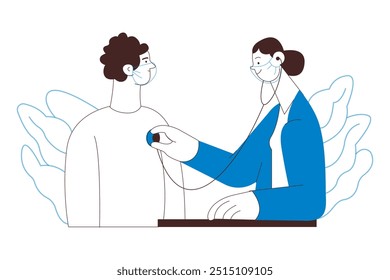 Cardiac Auscultation. Male Patient and Female Doctor Carrying Out Procedure in Medical Office or Laboratory. Stethoscope Examination Procedure. Black and White Vector Illustration. Website Banner.