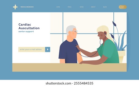 Cardiac Auscultation. Senior Male Patient and Female Doctor Carrying Out Procedure in Medical Office or Laboratory. Modern Flat Vector Illustration. Landing Page Design Template. Website Banner.