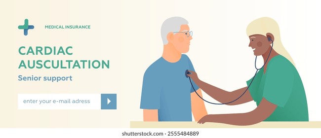 Cardiac Auscultation. Senior Male Patient and Female Doctor Carrying Out Procedure in Medical Office or Laboratory. Modern Flat Vector Illustration. Website Banner. Social Media Template.