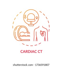 Cardiac CT concept icon. X ray scanning, cardiovascular diseases diagnostics idea thin line illustration. Clinical examination, computed tomography. Vector isolated outline RGB color drawing