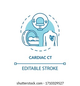 Cardiac CT concept icon. Xray scanning, cardiovascular diseases diagnostics idea thin line illustration. CTA scan, computed tomography. Vector isolated outline RGB color drawing. Editable stroke