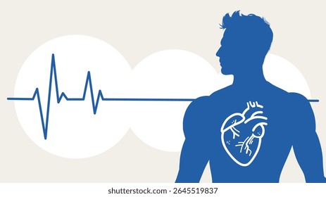 Saúde cardíaca, coração masculino, ecg - banner e modelo infográfico - ilustração vetorial