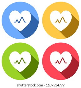 cardiac pulse. heart and pulse line. simple single icon. Set of white icons with long shadow on blue, orange, green and red colored circles. Sticker style
