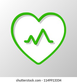 cardiac pulse. heart and pulse line. simple single icon. Paper style. Cut symbol with green bold contour on shape and simple shadow