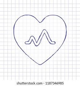 cardiac pulse. heart and pulse line. simple single icon. Hand drawn picture on paper sheet. Blue ink, outline sketch style. Doodle on checkered background