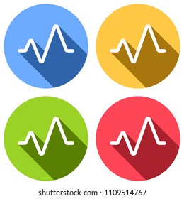 cardiac pulse line. simple single icon. one line style. Set of white icons with long shadow on blue, orange, green and red colored circles. Sticker style