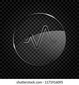 cardiac pulse line. simple single icon. one line style. Icon in circle glass bubble on dark transparent grid. Glass style