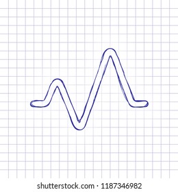 cardiac pulse line. simple single icon. one line style. Hand drawn picture on paper sheet. Blue ink, outline sketch style. Doodle on checkered background