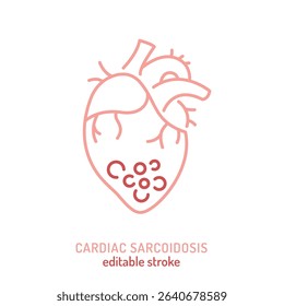 Cardiac sarcoidosis icon, pictogram. Granulomatous inflammation in the heart. Used in cardiology, medical education, diagnosis, and autoimmune disease awareness. Editable vector illustration. 