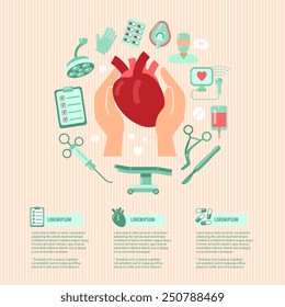 Cardiac surgery design concept wit human hands holding heart and operation icons vector illustration