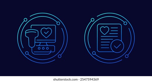ultrassom cardíaco scan, ícones de ecocardiograma, projeto linear do exame cardíaco