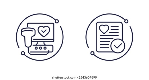 ultrassom cardíaco, ícones do exame cardíaco, ecocardiograma de vetor de linha