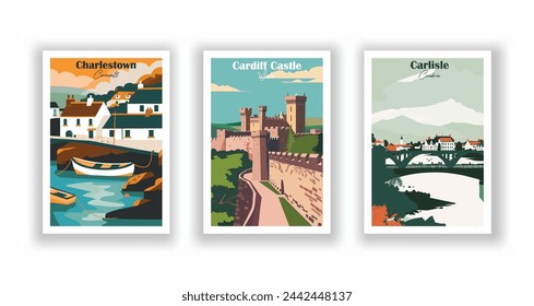 Cardiff Castle, Wales. Carlisle, Cumbria. Charlestown, Cornwall - Set mit 3 Vintage-Reiseplakaten. Vektorgrafik. Qualitativ hochwertige Ausdrucke