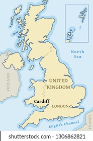 Cardiff map location - city marked in United Kingdom (UK map). Vector illustration.