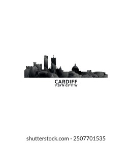 Cardiff panorama, vector badge, skyline logo and icon. UK, Wales city horizon logotype with landmarks and building silhouettes. Isolated foggy abstract gradient graphic