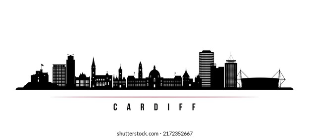 Cardiff skyline horizontal banner. Black and white silhouette of Cardiff, Wales. Vector template for your design. 