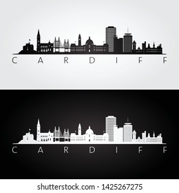 Cardiff skyline and landmarks silhouette, black and white design, vector illustration.