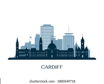 Cardiff skyline, monochrome silhouette. Vector illustration.