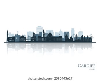 Cardiff skyline silhouette with reflection. Landscape Cardiff, Wales. Vector illustration.