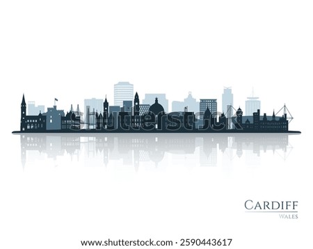 Cardiff skyline silhouette with reflection. Landscape Cardiff, Wales. Vector illustration.