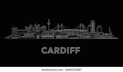 Cardiff Skyline Vector Line Art with Wales Cityscape.