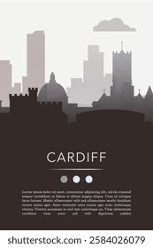 Cardiff Uk city template for website, presentation, front page, invitation, publication sheet with skyline, landmarks. Vector Wales, United Kingdom image layout, simple and grayscale