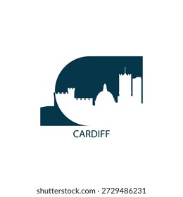 Cardiff vector icon with skyline, panoramic view, outlook shape. UK Wales city landmarks logo concept. Flat isolated graphic, badge