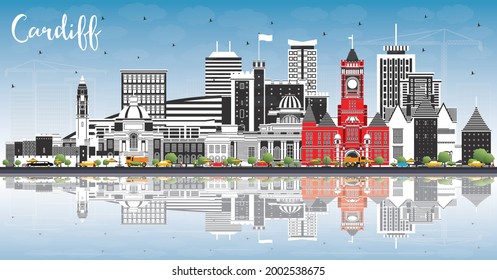 Cardiff Wales City Skyline with Color Buildings, Blue Sky and Reflections. Vector Illustration. Cardiff UK Cityscape with Landmarks. Business Travel and Tourism Concept with Historic Architecture.
