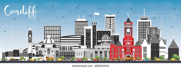 Cardiff Wales City Skyline with Color Buildings and Blue Sky. Vector Illustration. Cardiff UK Cityscape with Landmarks. Business Travel and Tourism Concept with Historic Architecture.