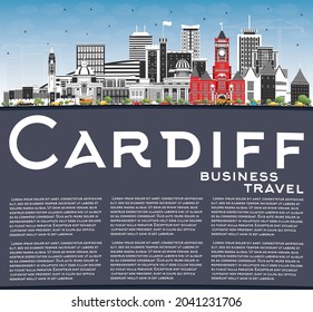 Cardiff Wales City Skyline with Color Buildings, Blue Sky and Copy Space. Vector Illustration. Cardiff UK Cityscape with Landmarks. Business Travel and Tourism Concept with Historic Architecture.