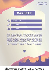 Cardiff, Wales vector infographics, brochure layout. Guide, leaflet, flyer, advertising graphic template with text, information, UK city skyline shape. Page, festival, cover mock up image